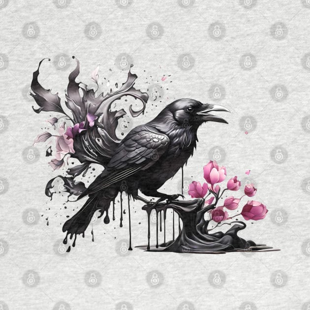 Ink Crow and sakura - Ink dripping effect by PrintSoulDesigns